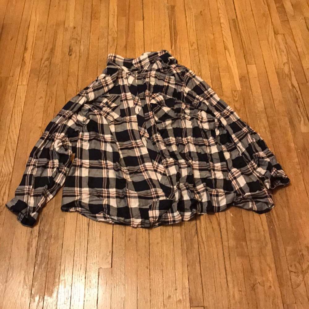 Navy, pink and white button up long sleeve shirt.